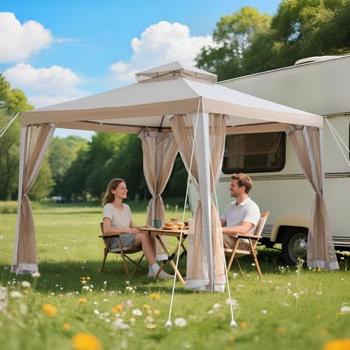 Sunjoy 10 x 10 ft. Soft Top Gazebo, Outdoor Patio Backyard Modern 2-Tier Steel Frame Gazebo with Mesh Netting - Grey & Khaki