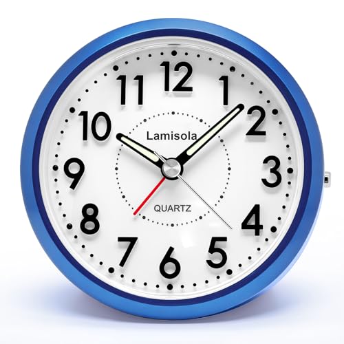 Image of Lamisola 4 Inch Alarm Clock for Bedrooms, Small Analog Desk Clock, Blue | Battery Operated Bedside Clock for Bedroom Bathroom Home Nightstand Shelf, Night Light Snooze, Minimalist Clocks for Seniors