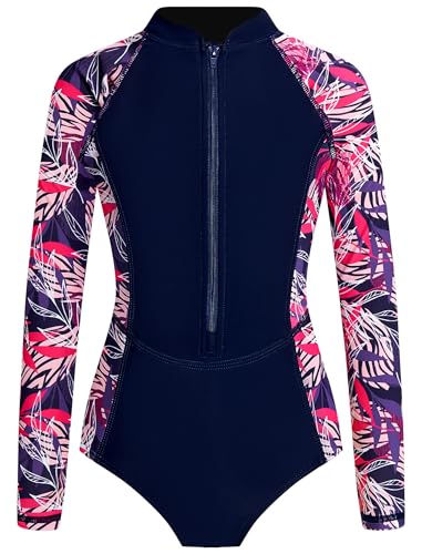 JiAmy Girl's One Piece Rashguard Swimsuit Long Sleeve Zipper UPF 50+ Sun Protection Bathing Suits Swimwear