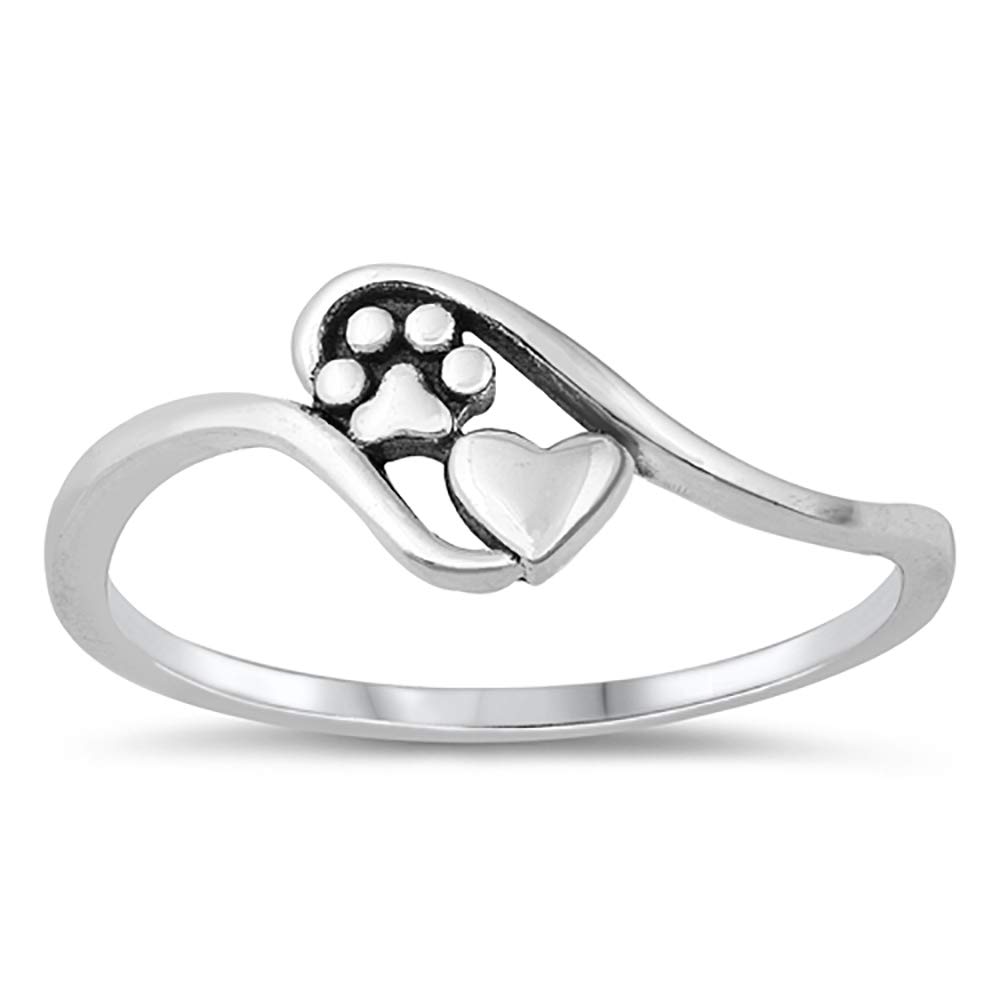 CloseoutWarehouse 925 Sterling Silver Oxidized Paw Print and Heart Ring