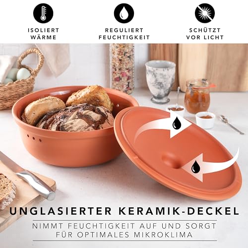 Foto von Römertopf Brottopf Rund aus Naturton – Terrakotta-Keramik-Behälter mit Deckel zur Aufbewahrung von Brot & Brötchen – Ø 30 cm, Höhe 18 cm – Spülmaschinengeeignet & Hygienisch