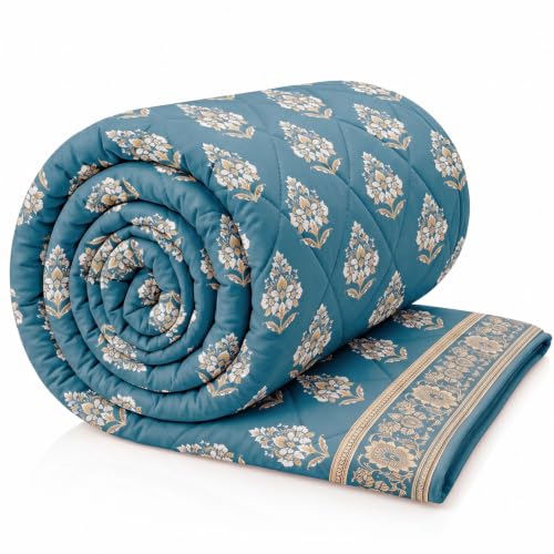 Image of SANMARINO 220 GSM Cotton Comforter for Double Bed | Premium Jaipuri Printed Reversible Quilt | Ultra Soft Lightweight All Season Blanket | Breathable, Skin Friendly - 220 x 230 cm,Peacock Blue