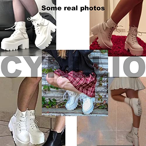 CYNLLIO Fashion Block Heel Platform Combat Ankle Booties Women's Lace up Studded Motorcycle Boots Mid Calf Boots4