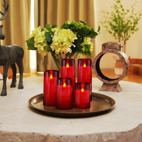 Image of Homemory Christmas Red Flickering Flameless Candles, Battery Operated Acrylic LED Pillar Candles with Remote Control and Timer, Set of 5