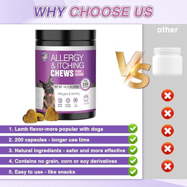 Dog Allergy Chews 200ct - Dog Allergy and Itching Skin Relief Anti Itch Aller Immune Bites for Dogs licking Paws Treatment Relief Itchy Chew Probiotics Vitamins for Skin and Coat Allergies - Lamb-prcjxBKo