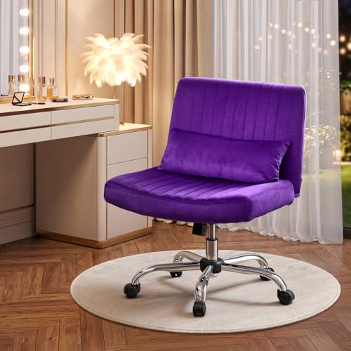 Image of Warmiehomy Velvet Criss Cross Chair with Wheels, Cross Legged Office Chair, Comfy Desk Chair for Home Office, Ergonomic Computer Chair, Wide Seat Vanity Chair, Birthday Gift for Women, Purple