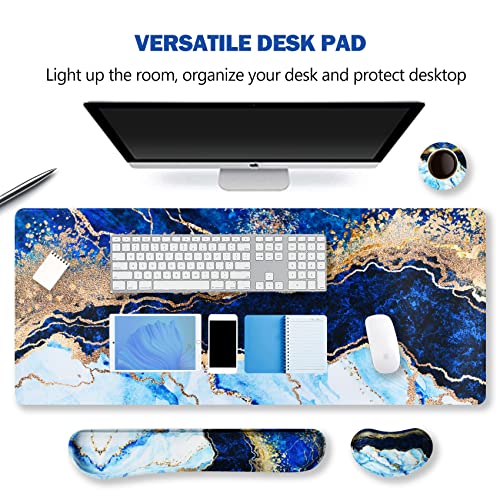 Image of ArtSo Large Gaming Mouse Pad, Keyboard Wrist Rest Pad & Wrist Support Mousepad Set, Stitched Edge, Extended, Non-Slip Base, Memory Foam,Multifunctional Desk Mat 4pcs for Office & Home, Blue Marble