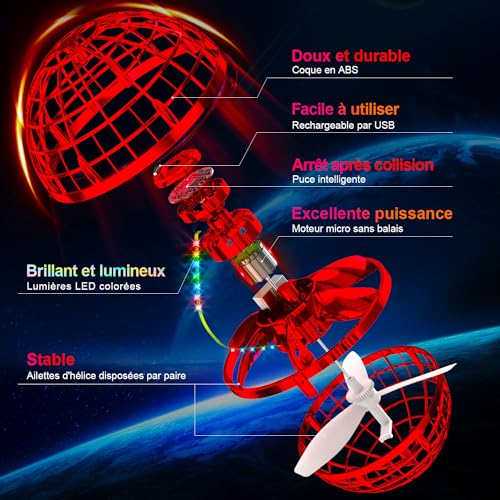 Ivtivfu Boule Volante (Rouge, Amélioré) : Jouet Flying Orb Ball avec LED, UFO Spinner Boomerang Magique, Cadeau Extérieur pour Enfant Garçon Fille 6 7 8 9 10 11 12 Ans – vue 6