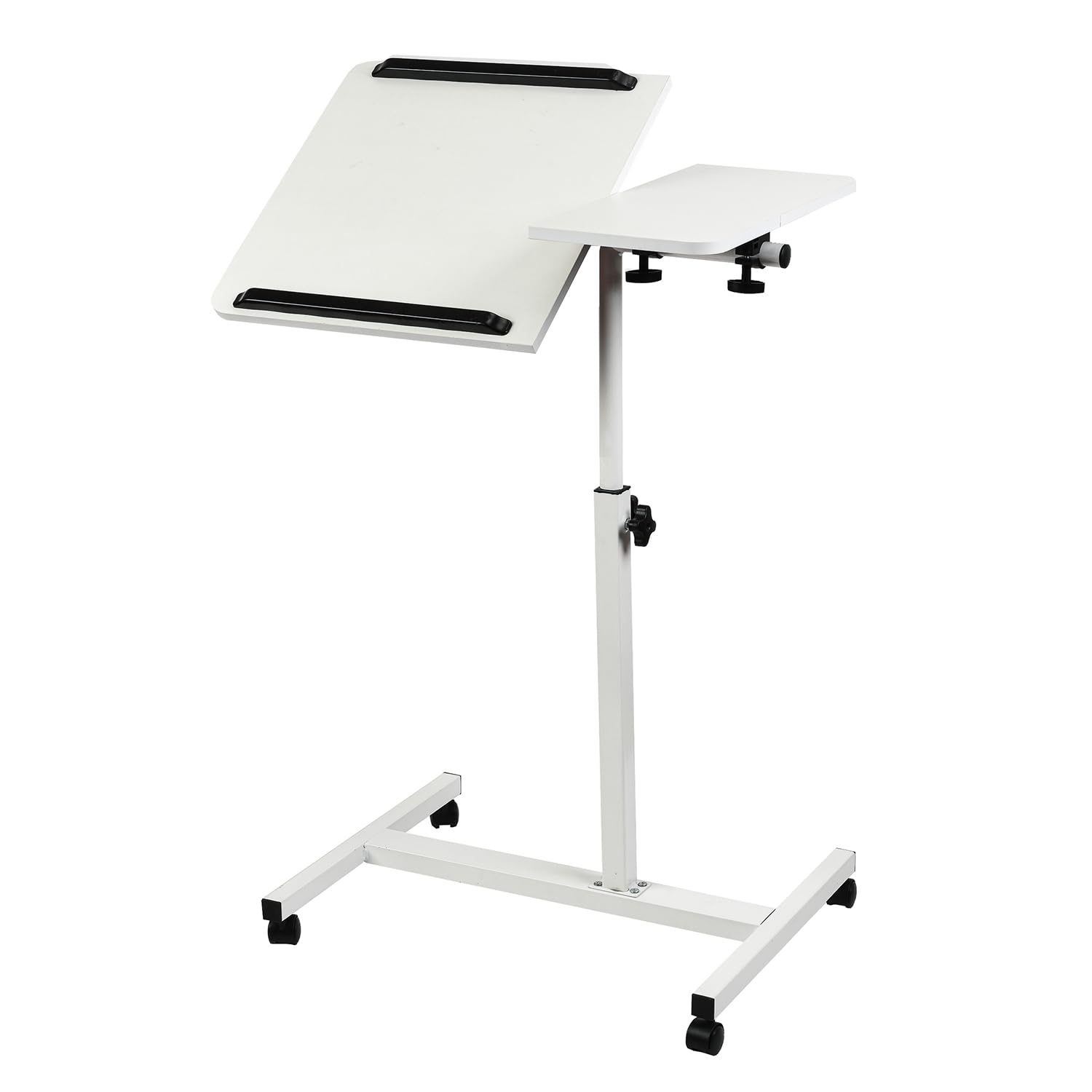 Maclean Mesa Portátil | Altura Ajustable de 59 a 89 cm | Tablero Doble Inclinable hasta 90° | Ruedas con Freno | Capacidad de Carga hasta 30 kg | Mesa Ergonómica para Ordenador (Blanco)