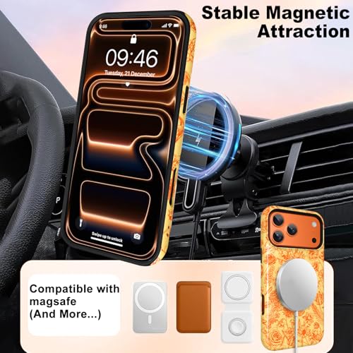 Image of Magnetic for iPhone 17 Pro Case with Finger Strap Kickstand [Compatible with Magsafe] Cute Flower Floral Pattern Design, Dual-Layer Shockproof Protective Cover for Women Men, Orange