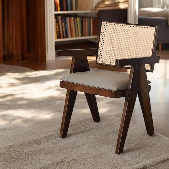 Image of Solid Sheesham Wooden Arm Chair & Cane Back Support Chair Living Room || Wooden Armchair, Garden Balcony Outdoor & Indoor Home & Office Chair Living Room Furniture || Dining Chair || Walnut Finish