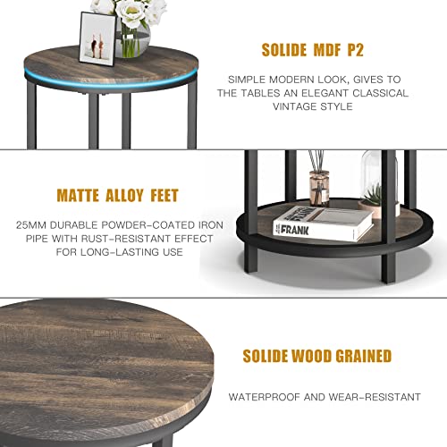 Image of NSdirect Round Side Table Set of 2,16in Rustic Wooden End Table Surface Top & Sturdy Metal Legs Nightstand for Living Room Bedroom Farmhouse Sofa Table with Storage Open Shelf,Rustic Brown