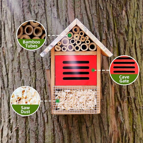 Image of Wooden Mason Insect Bee Butterfly House with Metal roof,an Outdoor Hanging Habitat for Bee Butterfly Ladybugs