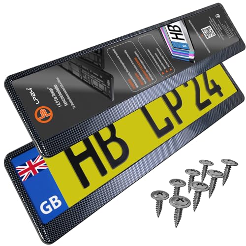 2x Number Plate Holder for Car - License Plate Holder - Carbon Look - for UK Registration Plates - 520 x 110 mm - 8 Screws - Universal - Reg Plate Holders - fits for Car Caravan Trailer - 52 x 11 cm