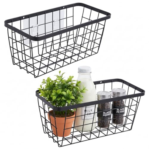 2 Pack Hanging Wall Basket Organizer Over the Cabinet Door Wire Baskets for Organizing -Space-Saving Hanging Baskets for Organizing Wall Mount Storage,No Drilling Adhesive Wall Storage Basket, Black