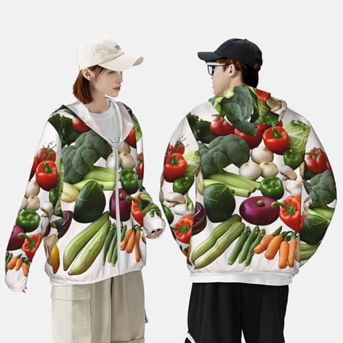 Men's Sun Protection Jacket UPF 50+ Full Zipper Long Sleeve UV Hoodie Shirt Introduction of Various Vegetables Women's Outdoor Jacket Black