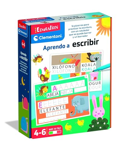 Clementoni - Aprendo a Escribir - Juego Educativo Infantil a Partir de 5 años - Pizarras Reutilizables con Rotulador Borrable - Aprendizaje de Letras y Palabras, Desarrolla la Escritura, 55308