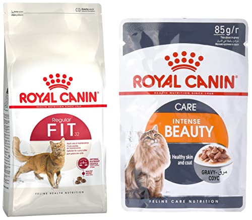 Image of Royal Canin Fit 32 Adult Dry Cat Food 4 kg & Royal Canin Intense Beauty Cat Food, 85 g (12 Pack)