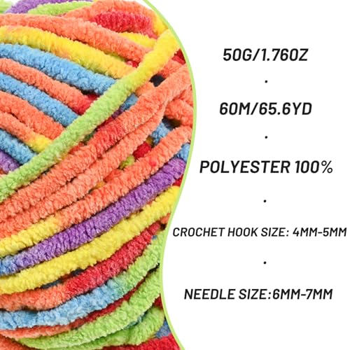 Image of 3 Packs Plush Chenille Chunky Crochet Yarn - Baby Yarn for Crocheting Soft - Velvet Yarns Knitting for Blankets Crafts - Fluffy Amigurumi Yarns 150g / 196.8yds (3 Rainbow)