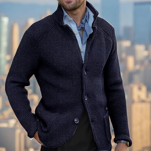 Mens Waffle Knit Cardigan Sweater Stand Collar Casual Textured Fashion Vintage Sweater Button Slim Fit Blazer Jacket2