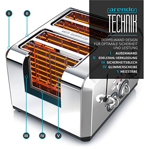 Arendo - Automatik Toaster 4 Scheiben in Edelstahl - bis zu Vier Sandwich und Toast-Scheiben - Bräunungsgrad 1-6… – Bild 3