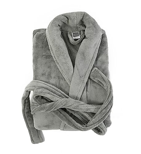 Image of Cotton Bolls Textiles Microfiber Fleece Bath Robe for Men | Shawl Collar with Long Sleeves| Lint Free | Anti-Bacterial | Super Soft Fabric (L, Grey)
