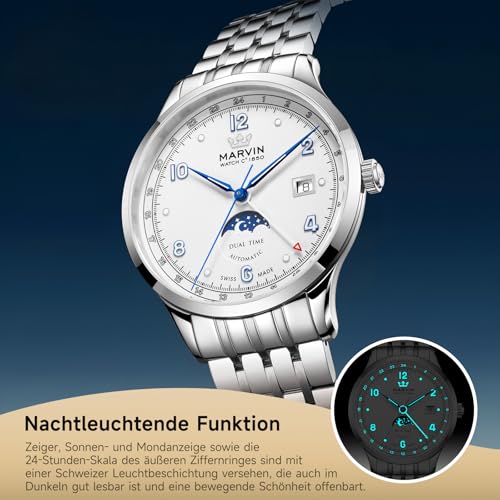marvin-Automatikuhr-fuer-Herren-mit-GMT-Funktion-Schweizer-Uhrwerk-Mechanische-Luxusuhr-fuer-Herren-mit-Edelstahlarmband-Sonnen-und-Mondzifferblatt-Leuchtzeigern-und-Leuchtindexen-50-m-wasserdicht - Sparfuchs24.io - Preisvergleich & Top Angebote Online
