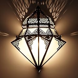 Lampara Antigua Hierro Casa Moro RUHI L1428 - Lámpara de pared oriental (42 x 32 cm, cristal esmerilado y hierro, hecho a mano en aspecto antiguo, lámpara de pared marroquí como de 1001 noche)