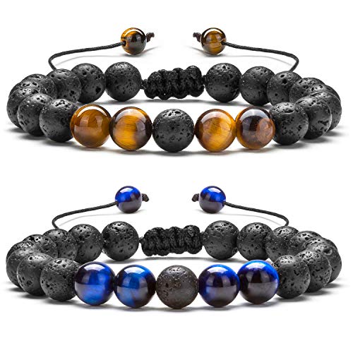 Hamoery Men Women 8mm Lava Rock Aromatherapy Anxiety Essential Oil Diffuser Bracelet Braided Rope Natural Stone Yoga Beads Bracelet Bangle(Set 4)