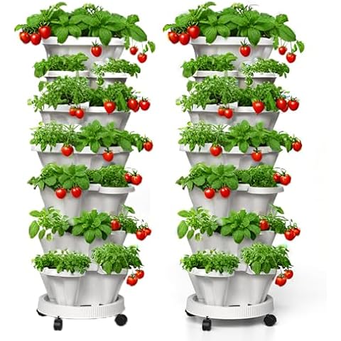 Lykvrii 7 Tiered Strawberry Planters 2 Pack, Vertical Stackable Planter, Herb Stacking Tower Garden, Flower and Vegetable Planters with Support Pole Indoor and Outdoor with Removable Wheels - White Cover