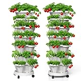 Lykvrii 7 Tiered Strawberry Planters 2 Pack, Vertical Stackable Planter, Herb Stacking Tower Garden, Flower and Vegetable Planters with Support Pole Indoor & Outdoor with Removable Wheels - White