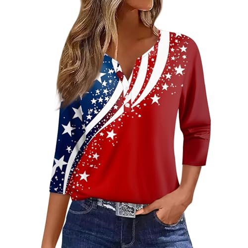 Image of 4th of July Shirts Women 3 /4 Length Sleeve Womens Tops Henley Neck Casual Patriotic T Shirts
