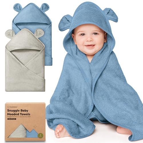 Image of KeaBabies 2-Pack Hooded Baby Towels for Newborn - 30x30 Soft & Absorbent Viscose from Bamboo Baby Bath Towels with Hood for Infant, Toddler,Kids,Boys Girls,Newborn Bath Essentials (Steel, Petite)