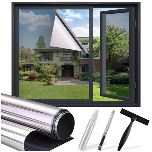 Image of One Way Privacy Window Film - Reflective Window Tint for Home Heat Blocking & UV Protection, See Out Not in Mirror Daytime Privacy Static Clings for House & Glass Doors, 3 Tools, Silver(17.5"x78.7")