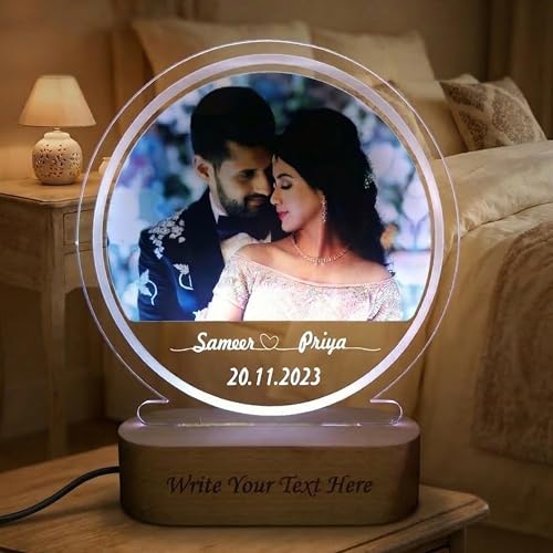 Image of Personalized Digital UV Printed 3D Illusion Photo LED Table Lamp for Couple Gift for Anniversary, Wedding, Marriage, Valentine Day- Your Wooden Base Text Egraved, Multicolor Light- 22CM