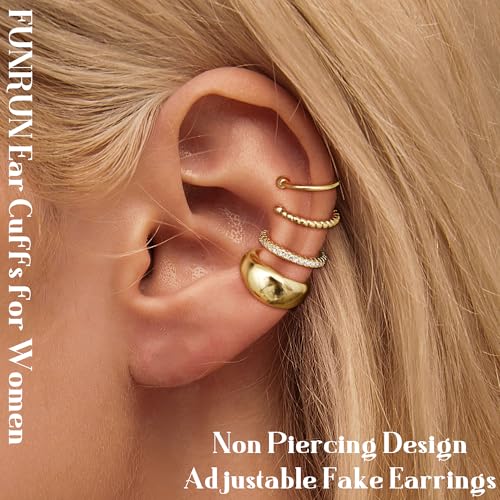 FUNRUN JEWELRY Ear Cuff Earrings for Women Non Piercing 14K Gold Plated Ear Cuffs Non Pierced Adjustable Fake Earrings 3-4PCS4