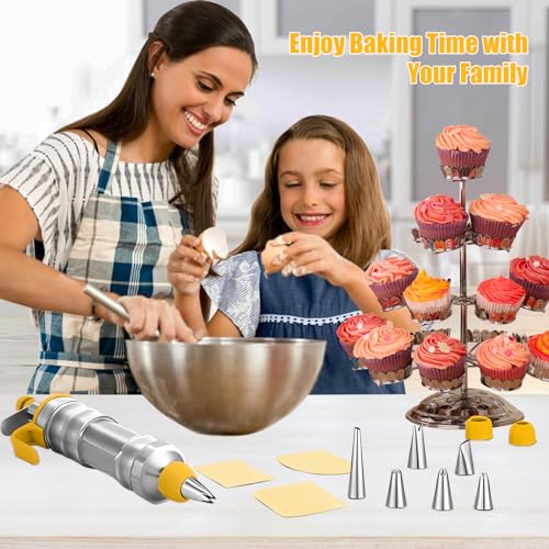 Dessert Cake Decorating Syringe, Stainless Steel Icing Piping Tips Cake Decorating Tools, Piping Icing Syringe Set, DIY Frosting Baking Tools with 6 Pcs Nozzles, Handle Cleaning Brush and Scrapers - Image 8