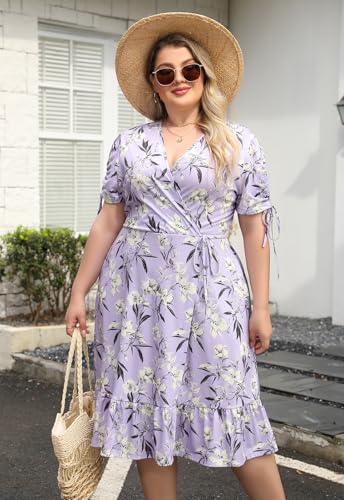 Image of Keluummi Plus Size Summer Wedding Guest Midi Dresses for Curvy Women, Floral V Neck Party Sundress