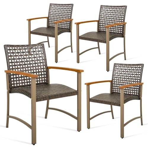 LIFEZEAL Juego de 4 sillas de jardín de Mimbre PE, sillón de Comedor con reposabrazos de Madera de Acacia, Estructura de Metal, Capacidad de Carga 180 kg, Muebles de terraza, balcón, Patio