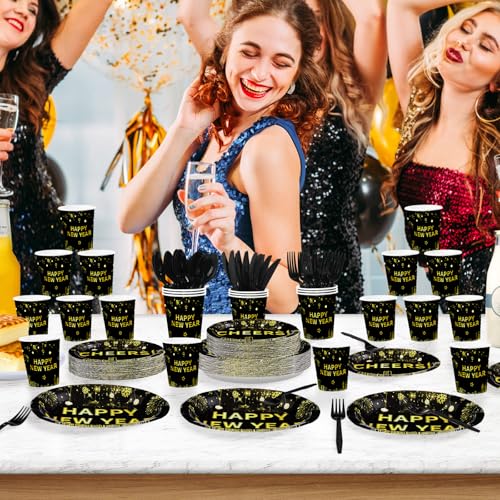 168Pcs Happy New Year Party Decorations Black and Gold 2026 Cheers Theme Plates and Napkins Cups Forks Tableware Sets for Happy New Year Eve 2026 Winter Holiday Birthday Party Supplies Serves 24 - Image 7