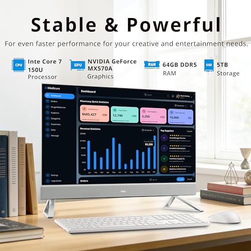 Image of Dell 27 inch FHD Touchscreen All-in-One Desktop, Intel Core 7 150U, 64GB DDR5, 5TB Storage (4TB SSD+1TB Docking Station Set), NVIDIA GeForce MX570A, Webcam, Wireless Keyboard & Mouse, Windows 11, White