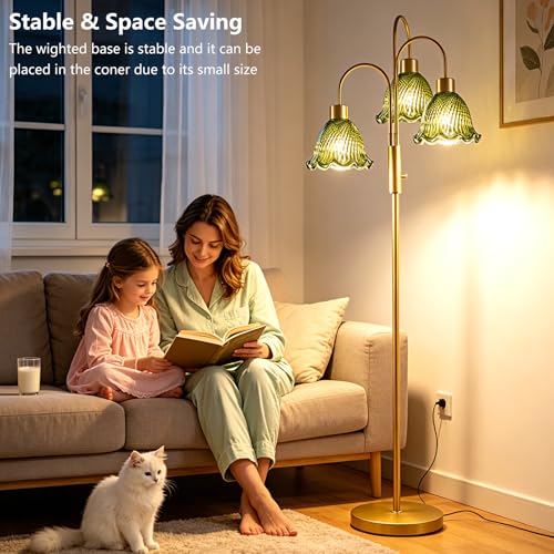 Image of Lightdot 3-Light Glass Floor Lamp for Living Room, 70 inch Gold Dimmable Standing Tall Lamp with Green Ribbed Glass Shades &3PCS 3000K Warm White Bulbs, Modern Tree Pole Lamp for Bedroom Home Decor