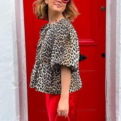 Tie Front Tops Womens Y2k Leopard Print Peplum Babydoll Top 3/4 Length Puff Sleeve Coquette Cute Going Out Tops3