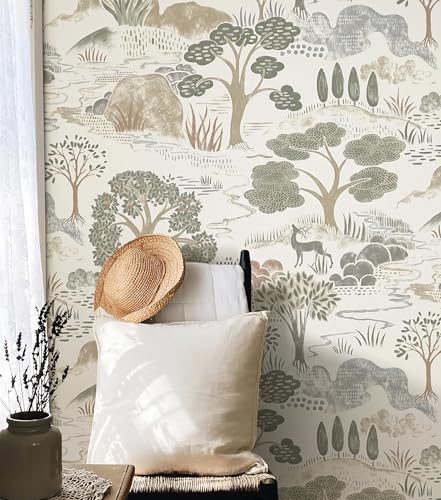 Erfoni 15.7 Inchx197 Inch Forest Wallpaper Boho Peel And Stick Wallpaper Green/Brown/White Contact Paper Self Adhsive Peel And Stick Contact Paper Diy Removable Wallpaper For Bedroom Kids Nursery Decor cover
