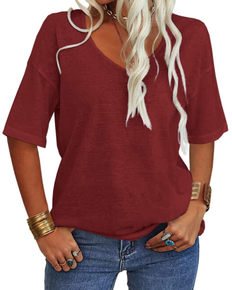 Danedvi Women Fashion V-Neck Half Sleeves T Shirt Solid Casual Loose Basic Tops Dark Red