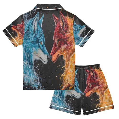 ALAZA Wolf Blue Red Black Stylish Satin Pajamas Set Short Sleeve Button Down Sleepwear Summer Pjs 2 Piece2