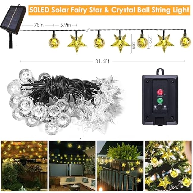 Solar String Lights Outside with 50LED Fairy Stars and Crystal Globes, Solar Twinkle Star Lights String, 32Ft Solar Globe Lights for Home Garden Party Halloween Thanksgiving Christmas Decor