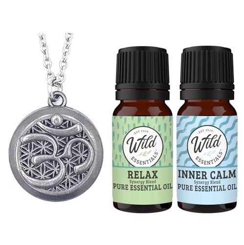 Wild Essentials Pewter Aum Essential Oil Diffuser Necklace Gift Set with Inner Calm & Relax Oils – Nickel Free Alloy Pendant with 12 Color Pads – USA Made Oils & Perfume Necklace – Family Company
