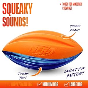 Nerf Dog Rubber Football Dog Toy with Interactive Squeaker, Lightweight, Durable and Water Resistant, 6 Inches, for Medium/Large Breeds, Single Unit, Blue and Orange Nerf Dog Rubber Football Dog Toy with Interactive Squeaker Lightweight Durable and Water Resistant 6 Inches for MediumLarge Breeds Single Unit Blue and Orange