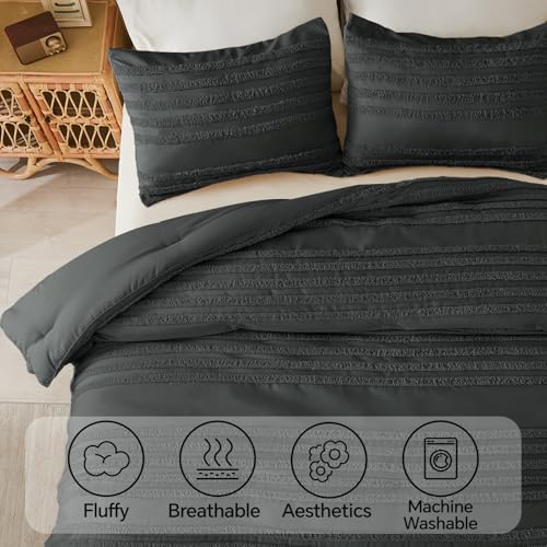 Image of BEDELITE Boho King Size Comforter Set - Dark Grey Tufted Striped Bed Set 3 Pieces, Soft Vintage Farmhouse Comforter for All Seasons, Boho Home Decor,Fluffy Jacquard Bedding with Pillow Sham